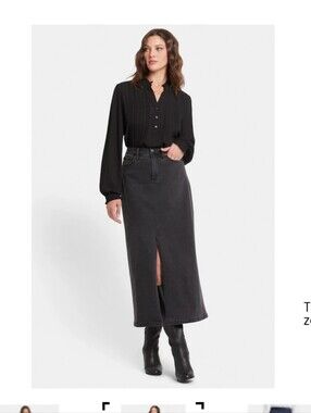 New Stretchy NYDJ Black Long Denim Maxi Skirt with Front Slit